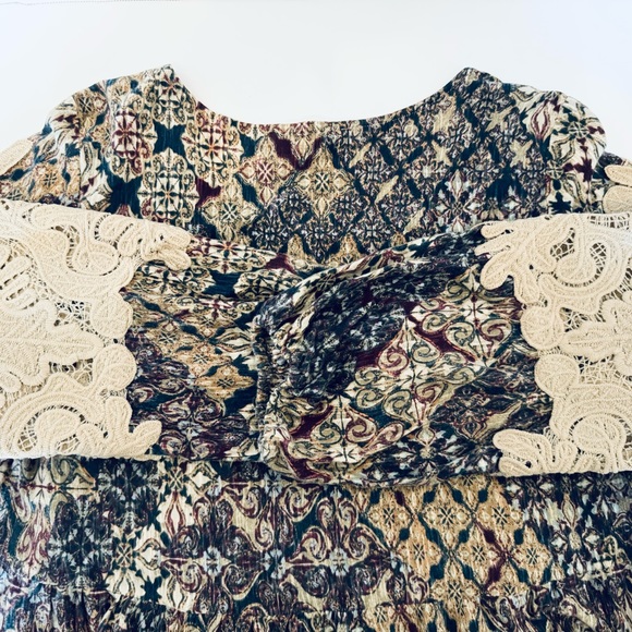 Vintage America Blues Ladies Peasant Pull Over Blouse Size Large Tan Lace Panels - Picture 7 of 16